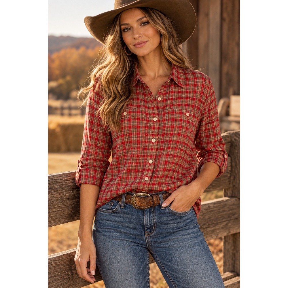 Lauren Jeans Co Ralph Lauren Red Plaid Roll Tab Long Sleeve Cotton Shirt Large